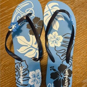 Island Girl Floral Flip Flops with Navy Straps